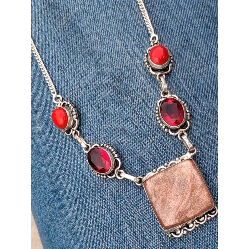 Goldstone style boho necklace with with garnet and coral